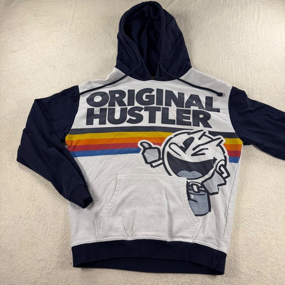 Pac-Man Hoodie Mens Medium White Navy Blue Good Original Hustler Retro Graphic